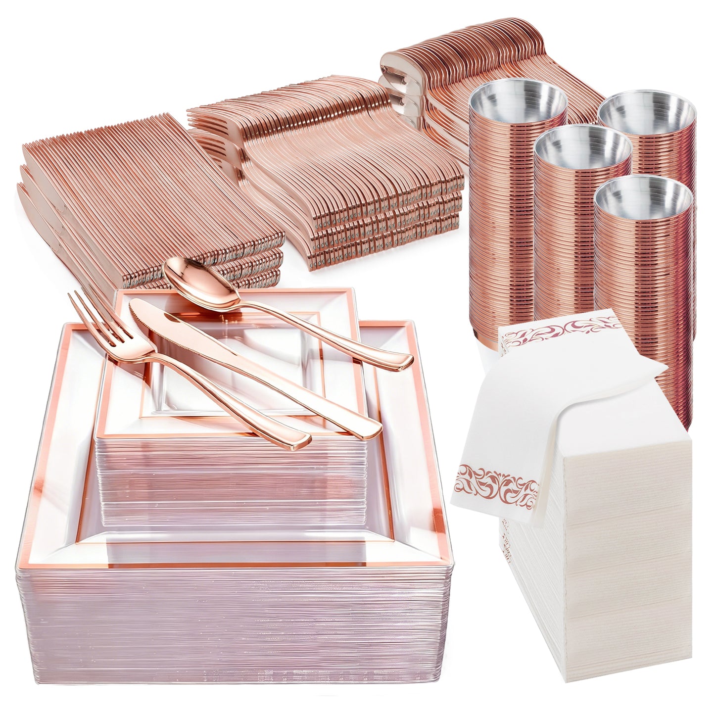 Premium Plastic Tableware for Weddings & Parties with Square Clear Base Rose Gold Rim Plates and Rose Gold Cutlery