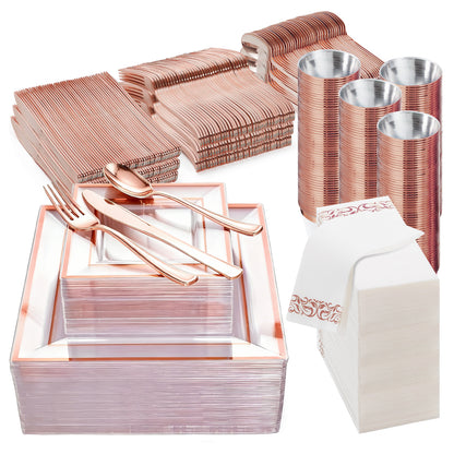 Premium Plastic Tableware for Weddings & Parties with Square Clear Base Rose Gold Rim Plates and Rose Gold Cutlery