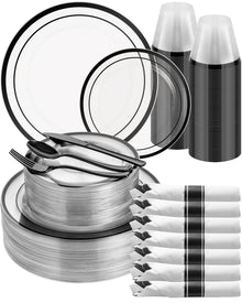 Goodluck Disposable Clear with Double Black Rim Plastic Dinnerware Sets for Party, Wedding, Graduation