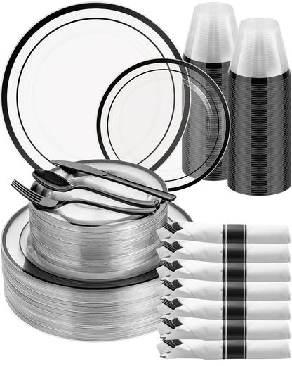 Goodluck Disposable Clear with Double Black Rim Plastic Dinnerware Sets for Party, Wedding, Graduation