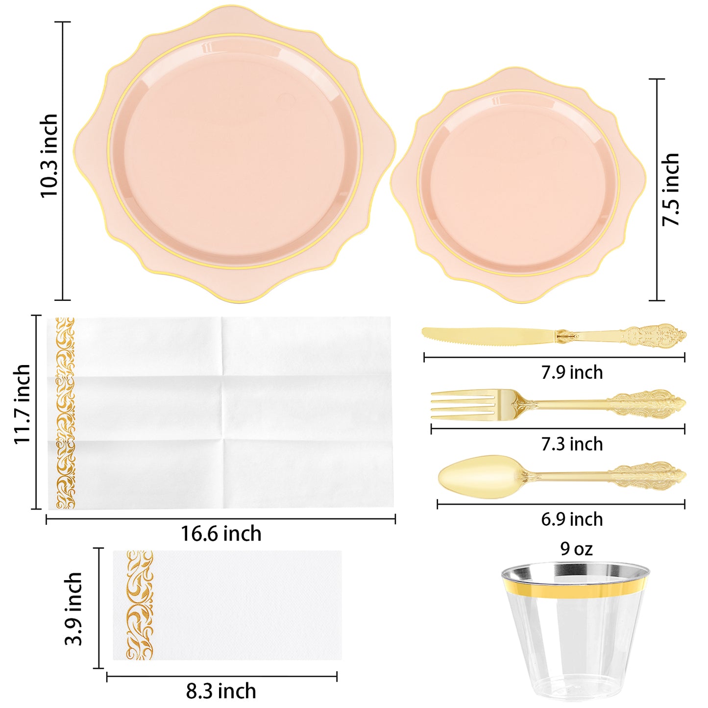 Goodluck 350 PCS Disposable Scallop Pink with Gold Rim Plastic Dinnerware Set