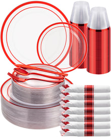 Goodluck 350 Piece Disposable Clear with Double Red Rim Plastic Dinnerware Set for Party, Christmas, Graduation, Wedding