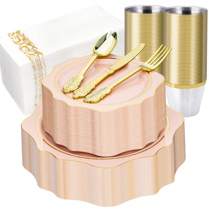 Goodluck 350 PCS Disposable Scallop Pink with Gold Rim Plastic Dinnerware Set