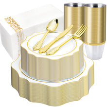 Goodluck 350 PCS Disposable Scallop White and Gold Plastic Dinnerware Set for 50 Guests