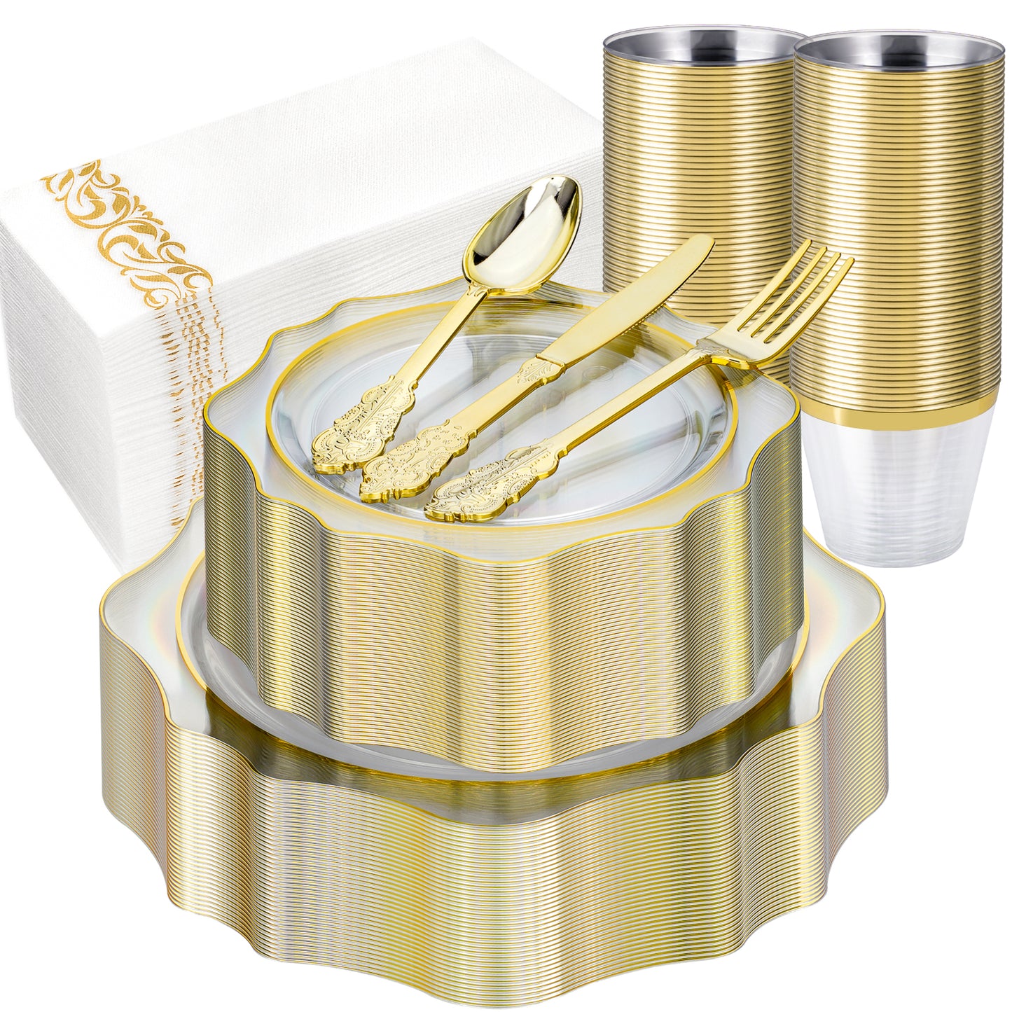 Goodluck 350 PCS Disposable Scallop Clear and Gold Plastic Dinnerware Set for 50 Guests