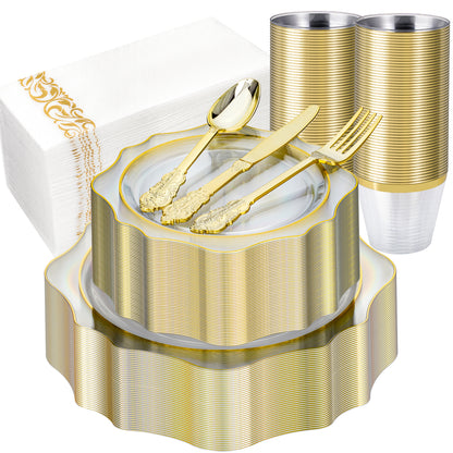 Goodluck 350 PCS Disposable Scallop Clear and Gold Plastic Dinnerware Set for 50 Guests