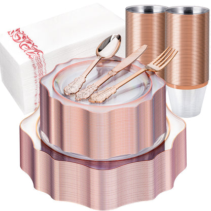 Goodluck 350 PCS Disposable Scallop Clear and Rose Gold Plastic Dinnerware Set for 50 Guests