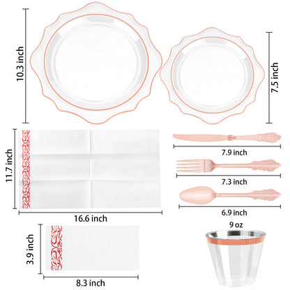 Goodluck 350 PCS Disposable Scallop Clear and Rose Gold Plastic Dinnerware Set for 50 Guests