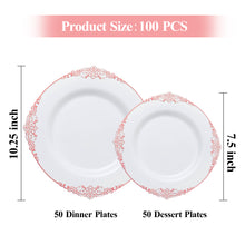 Goodluck Disposable White with Rose Gold Plastic Plates for Party, Wedding, Baby Shower, and Everyday Use