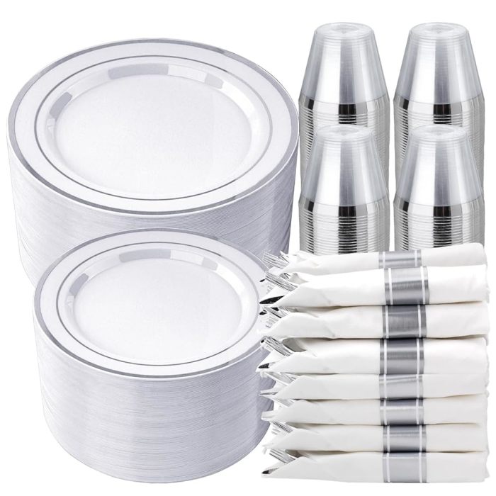 Goodluck White with Double Silver Rim Pre-Rolled Napkins Plastic Dinnerware Set