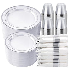 Goodluck White with Double Silver Rim Pre-Rolled Napkins Plastic Dinnerware Set