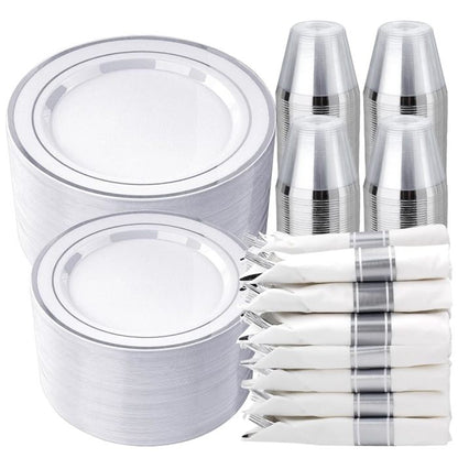 Goodluck White with Double Silver Rim Pre-Rolled Napkins Plastic Dinnerware Set