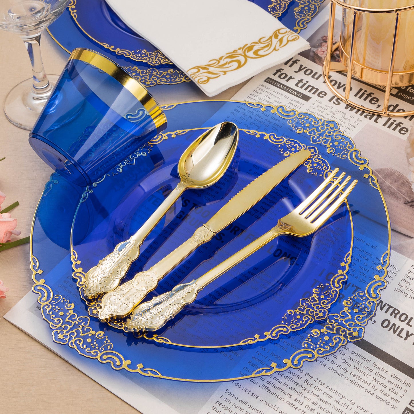 Goodluck Disposable Retro Clear Blue with Gold Rim Plastic Dinnerware Sets