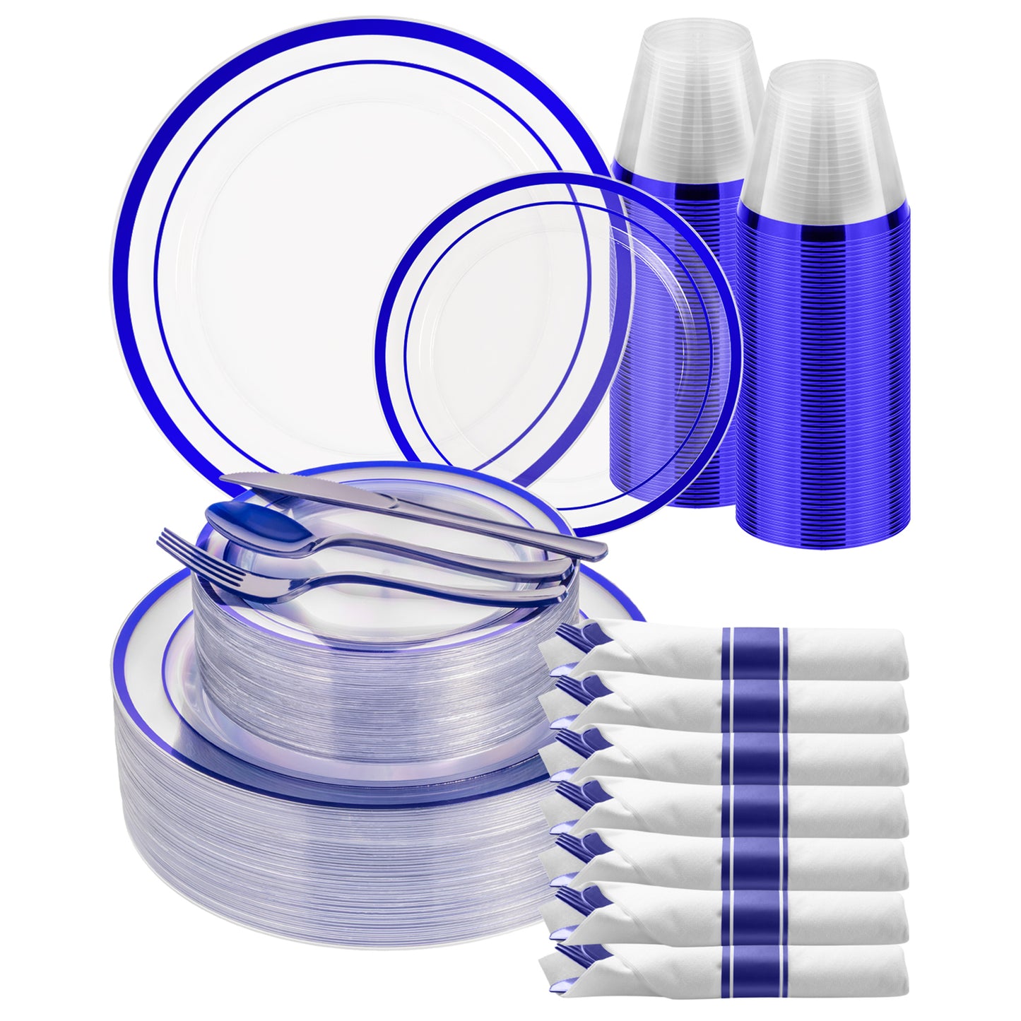 Goodluck 350 Piece Disposable Clear with Double Blue Rim Plastic Dinnerware Set for 50 Guests