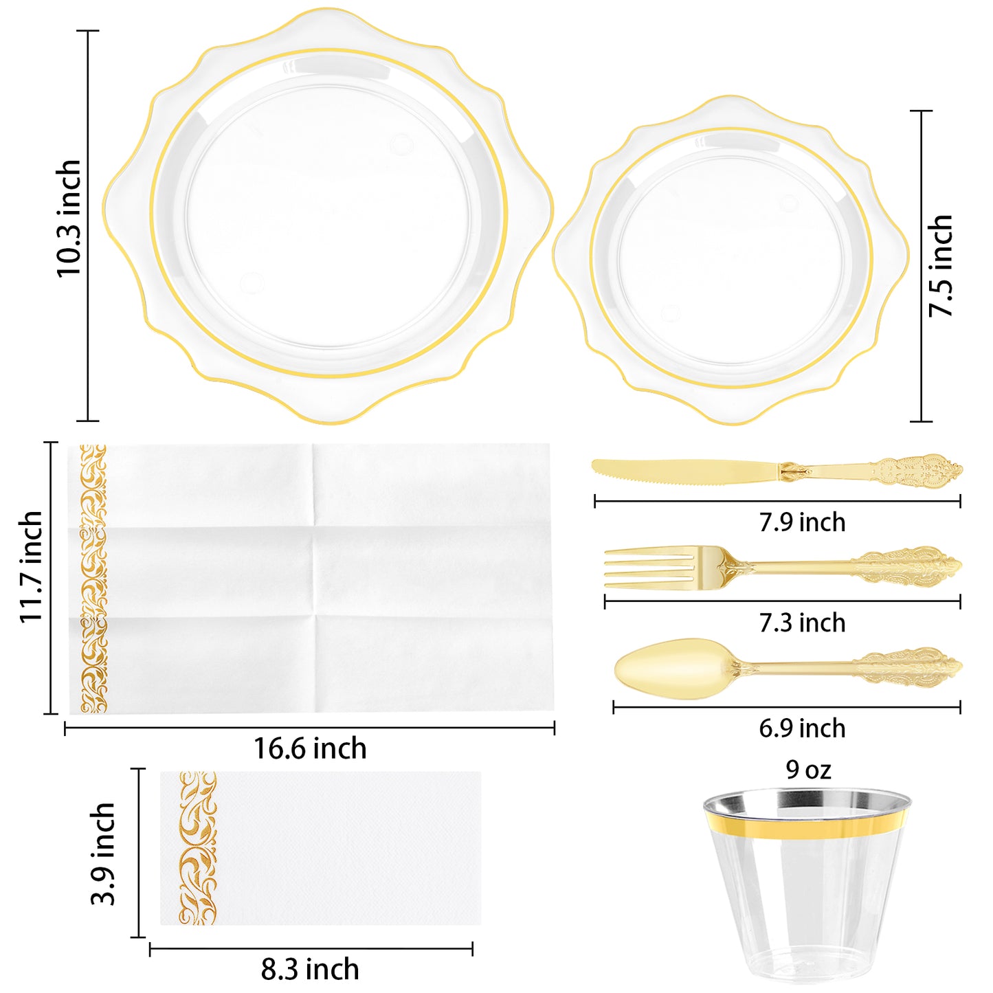 Goodluck 350 PCS Disposable Scallop Clear and Gold Plastic Dinnerware Set for 50 Guests