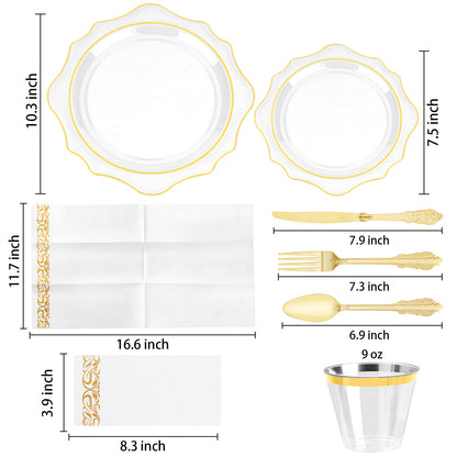 Goodluck 350 PCS Disposable Scallop Clear and Gold Plastic Dinnerware Set for 50 Guests