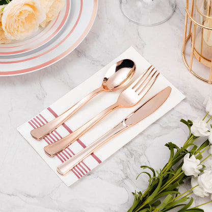 Goodluck 100 Pack 3-Ply Disposable Soft Absorbent Paper Napkins with Rose Gold Trim Lined for Dinners, Kitchen or Events