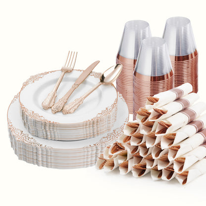 Vintage Disposable Plastic Dinnerware Sets with Gold Pattern Rim