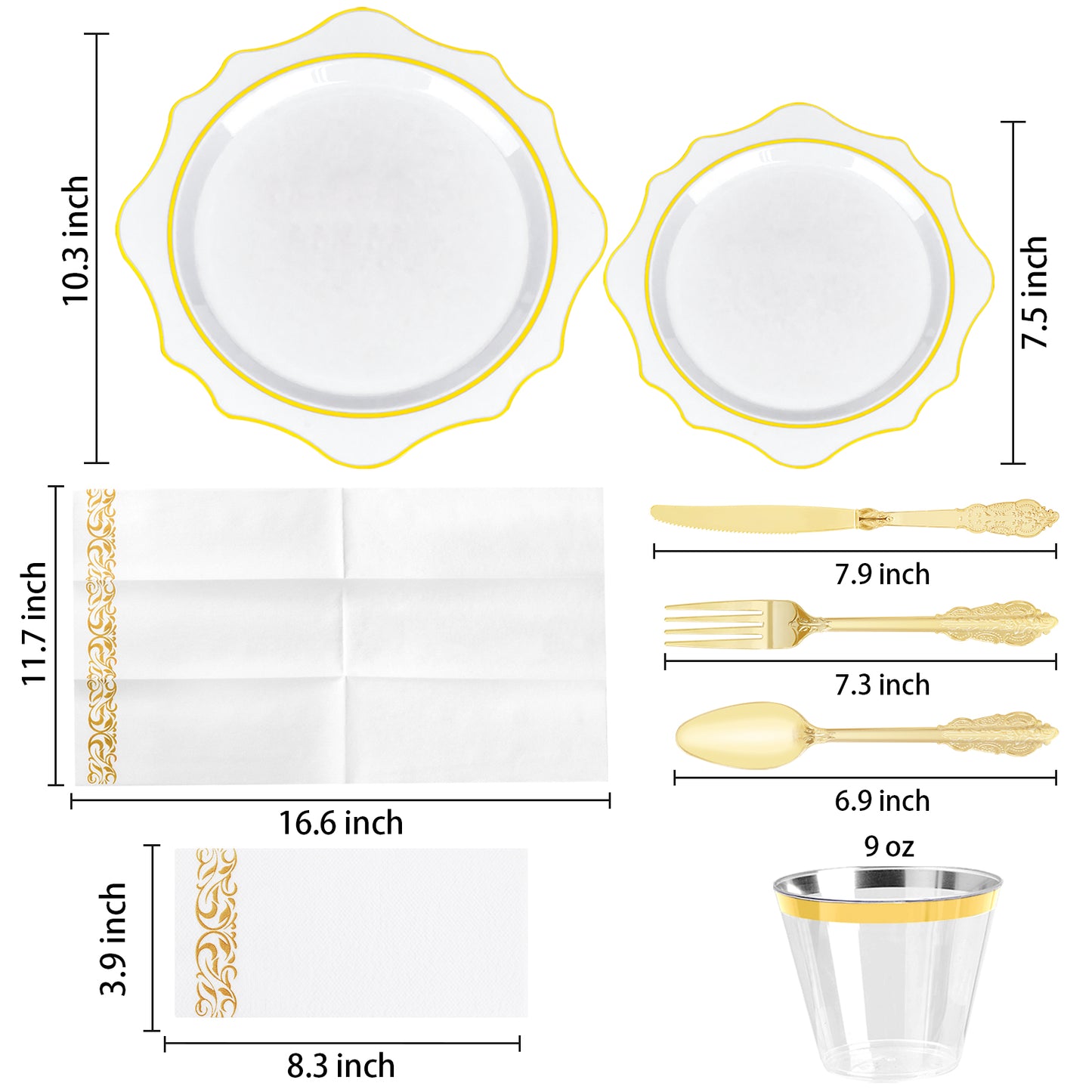 Goodluck 350 PCS Disposable Scallop White and Gold Plastic Dinnerware Set for 50 Guests