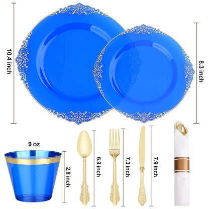 Goodluck Disposable Clear Blue with Gold Rim Plastic Dinnerware Sets