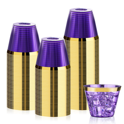 Goodluck 100 Pack 9 oz Disposable Purple with Gold Rim Plastic Cups for Party & Graduation & Wedding