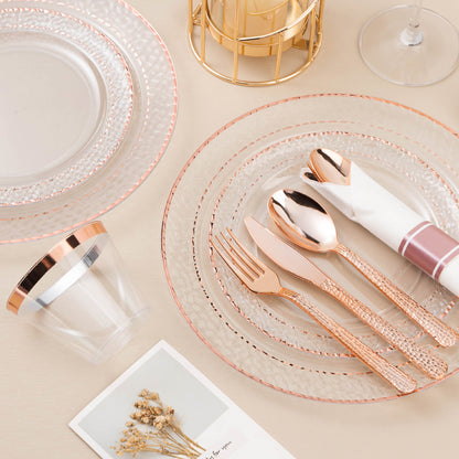 Goodluck 350PCS Disposable Veined Clear with Rose Gold Trim Dinnerware Set for 50 Guests