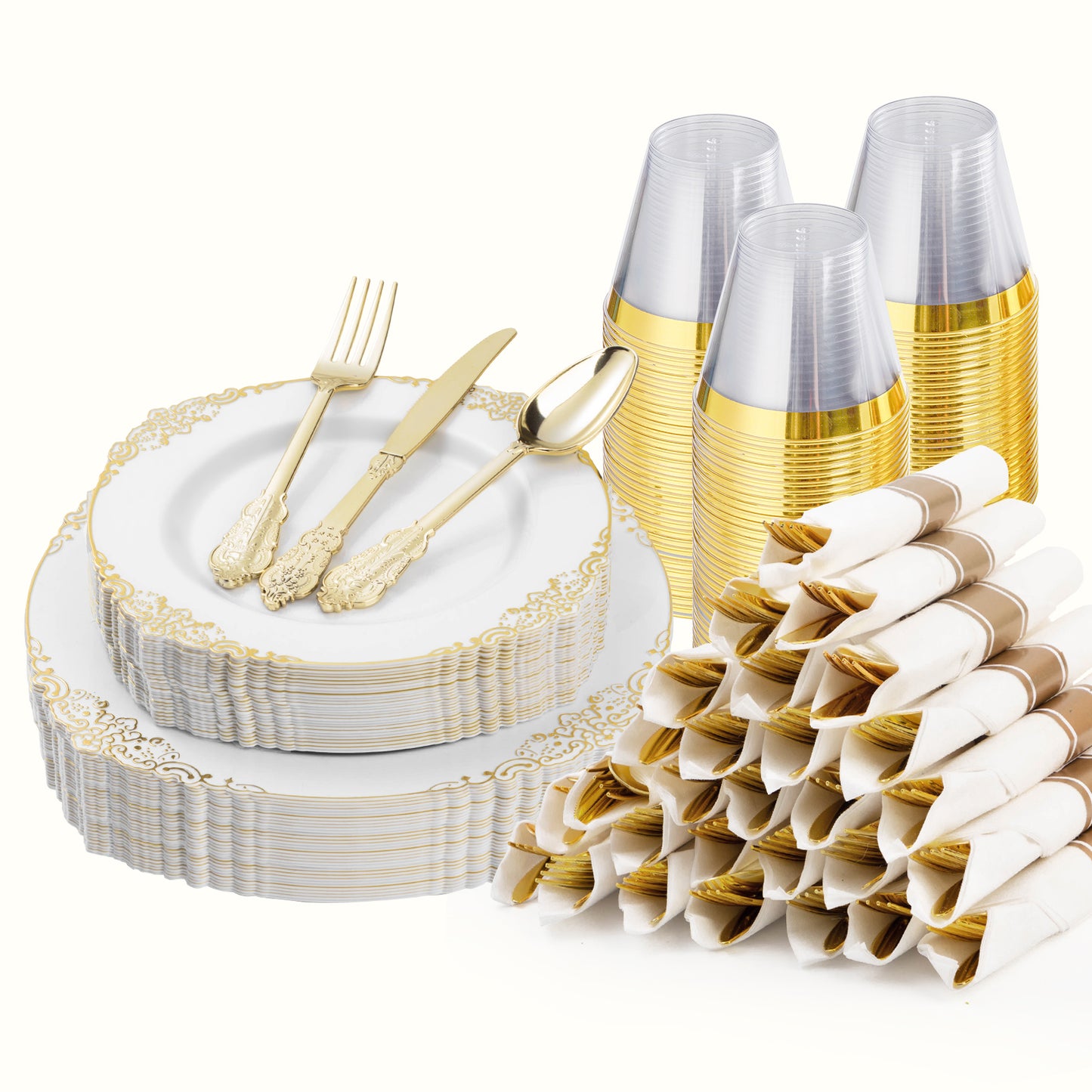 Goodluck Disposable Retro White with Gold Rim Plastic Dinnerware