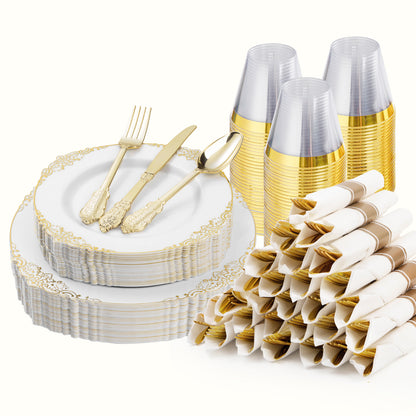 Goodluck Disposable Retro White with Gold Rim Plastic Dinnerware