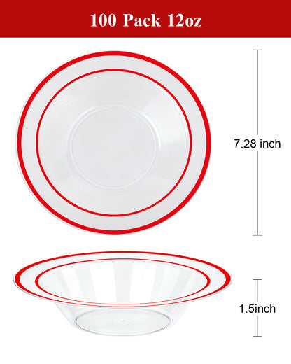 Goodluck 100 Pack 12oz Disposable Clear with Red Rim Plastic Soup Bowls for Christmas, Parties, Dinners, Catering, Thanksgiving and Everyday Use