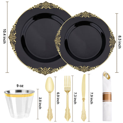 Goodluck 350 PCS Disposable Black and Gold Plastic Dinnerware Set for Party, Wedding, Graduation