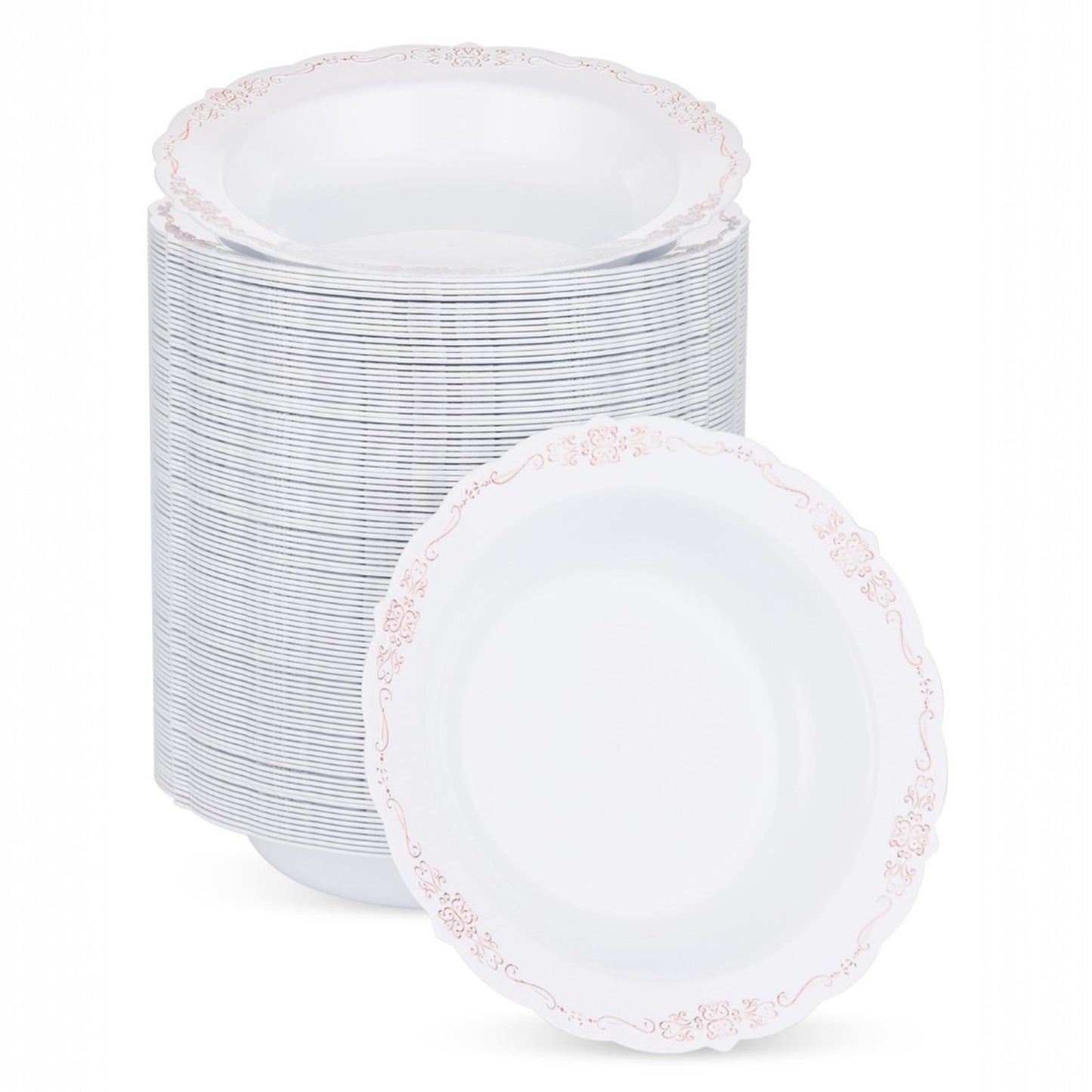 Goodluck 12oz Disposable Heavy Duty White Plastic Bowls with Rose Gold Rim Plastic Bowl for Hot Soup, Dessert, Salad, Cake, Ice Cream, Fruit