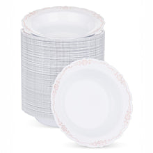 Goodluck 12oz Disposable Heavy Duty White Plastic Bowls with Rose Gold Rim Plastic Bowl for Hot Soup, Dessert, Salad, Cake, Ice Cream, Fruit