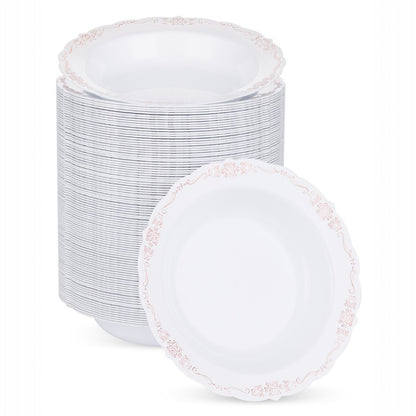 Goodluck 12oz Disposable Heavy Duty White Plastic Bowls with Rose Gold Rim Plastic Bowl for Hot Soup, Dessert, Salad, Cake, Ice Cream, Fruit