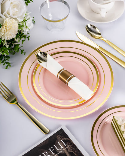 Goodluck Disposable Pink with Gold Rims Plastic Dinnerware Set for Wedding, Christmas