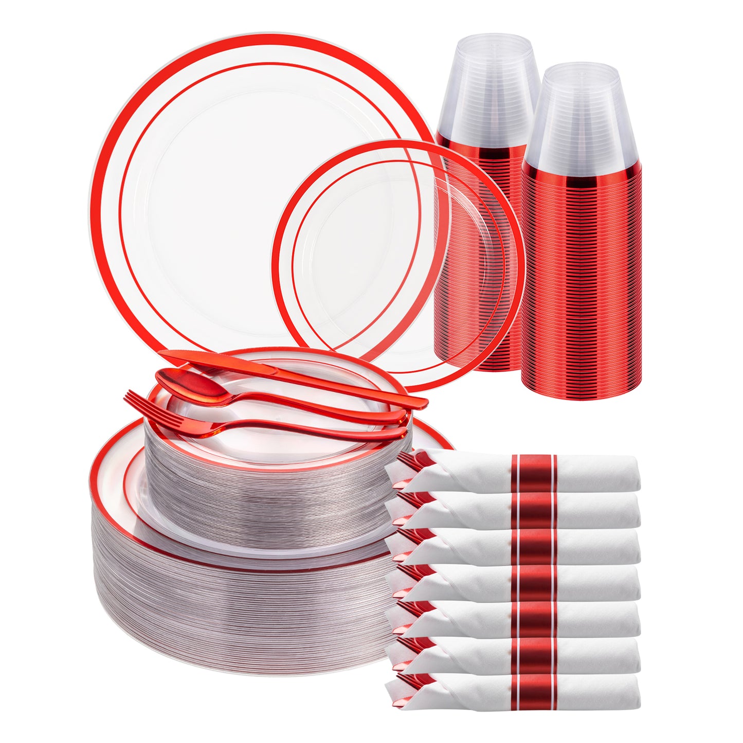 Goodluck 350 Piece Disposable Clear with Double Red Rim Plastic Dinnerware Set for Party, Christmas, Graduation, Wedding