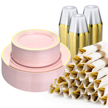 Goodluck Disposable Pink with Gold Rims Plastic Dinnerware Set for Wedding, Christmas