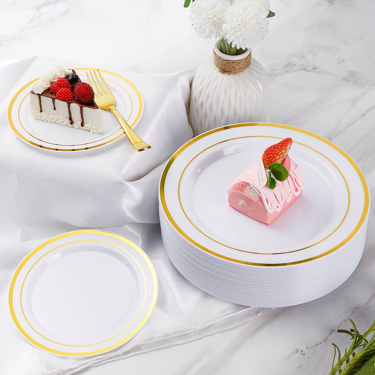Disposable Plastic Plates for Parties and Weddings, Includes: Dinner Plates, Dessert Plates, and Sets of Gold Cutlery.