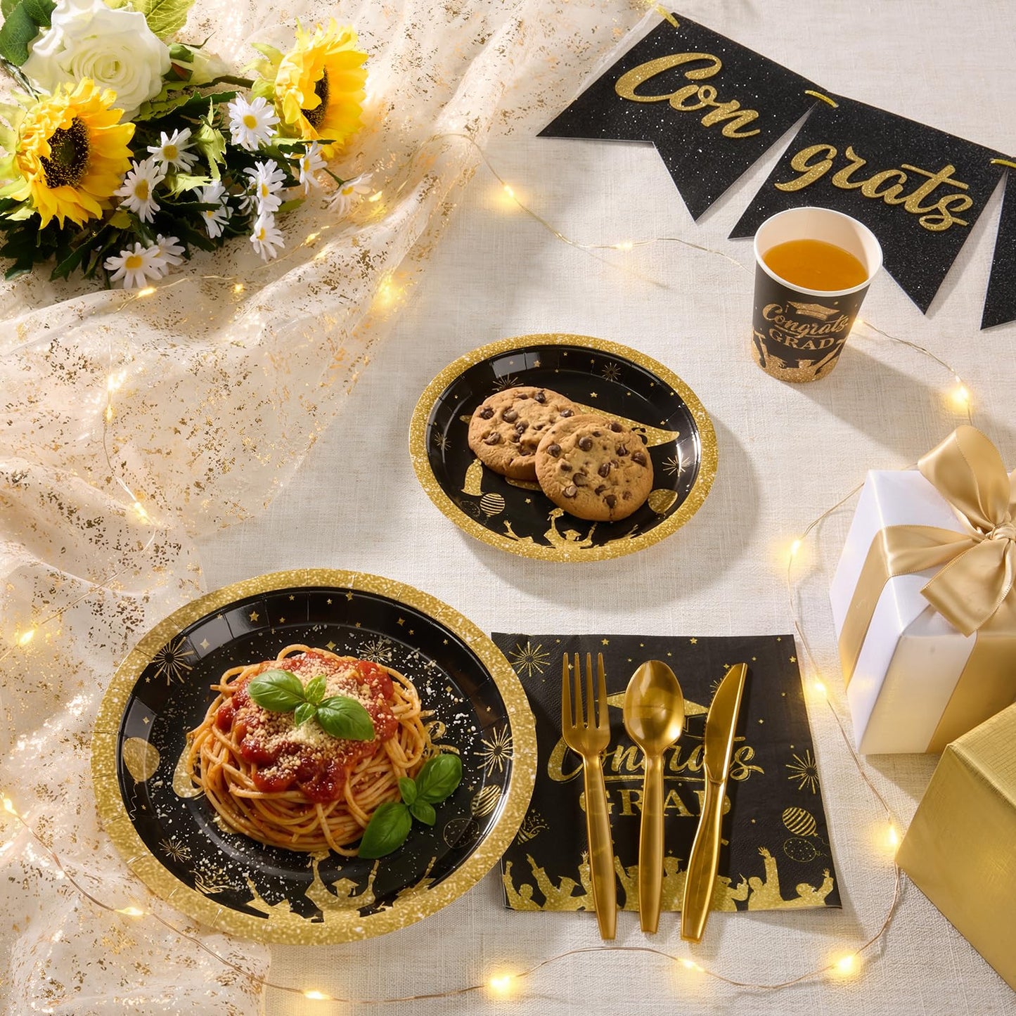 Graduation Party Supplies Include 9" & 7" Disposable Graduation Paper Plates, 9oz Cups, Napkins & Cutlery