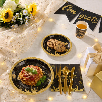 Graduation Party Supplies Include 9" & 7" Disposable Graduation Paper Plates, 9oz Cups, Napkins & Cutlery