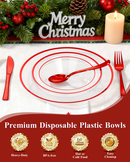 Goodluck 100 Pack 12oz Disposable Clear with Red Rim Plastic Soup Bowls for Christmas, Parties, Dinners, Catering, Thanksgiving and Everyday Use