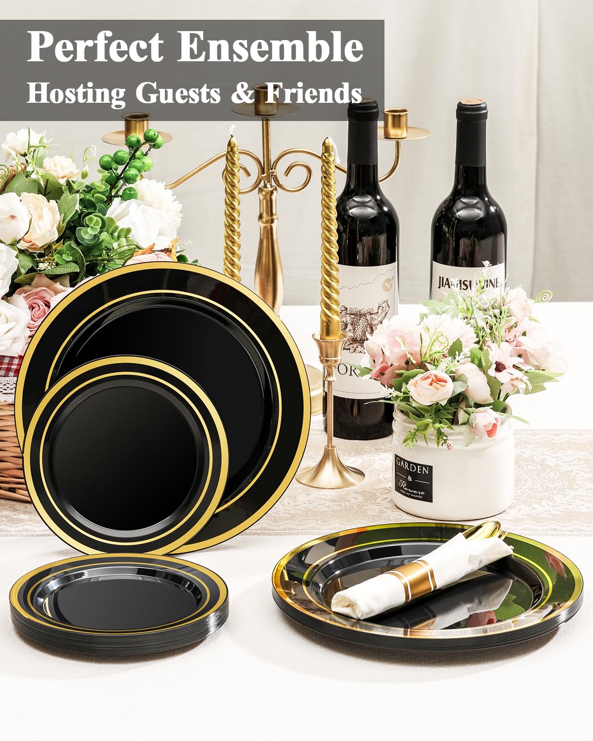 Goodluck Premium Disposable Black with Gold Rim Plastic Plates Set for Party, Wedding, Holiday, and Halloween