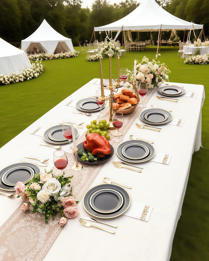 Goodluck Premium Disposable Black with Gold Rim Plastic Plates Set for Party, Wedding, Holiday, and Halloween