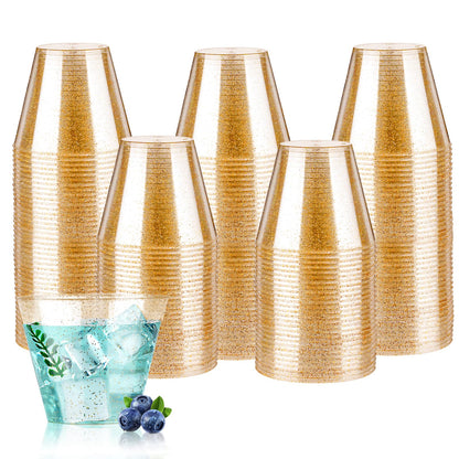 Goodluck 9 oz Disposable Gold Glitter Plastic Cups