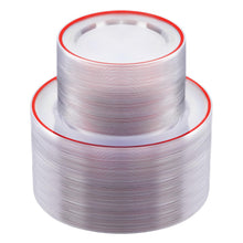 Goodluck 200PCS Disposable Clear with Red Rim Plastic Plates for Party, Christmas, Valentine's Day