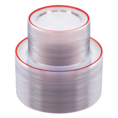 Goodluck 200PCS Disposable Clear with Red Rim Plastic Plates for Party, Christmas, Valentine's Day
