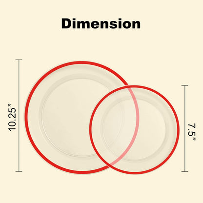 Goodluck 200PCS Disposable Clear with Red Rim Plastic Plates for Party, Christmas, Valentine's Day