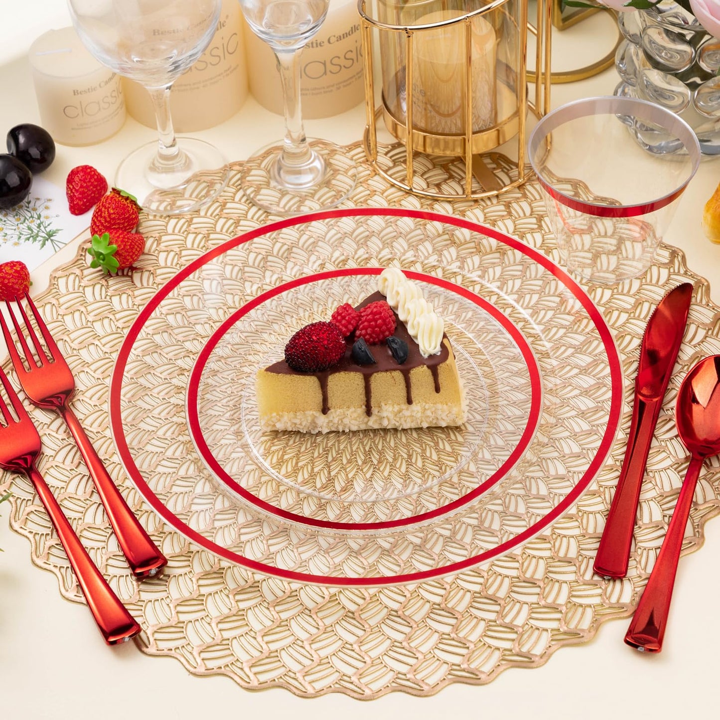 Goodluck 200PCS Disposable Clear with Red Rim Plastic Plates for Party, Christmas, Valentine's Day