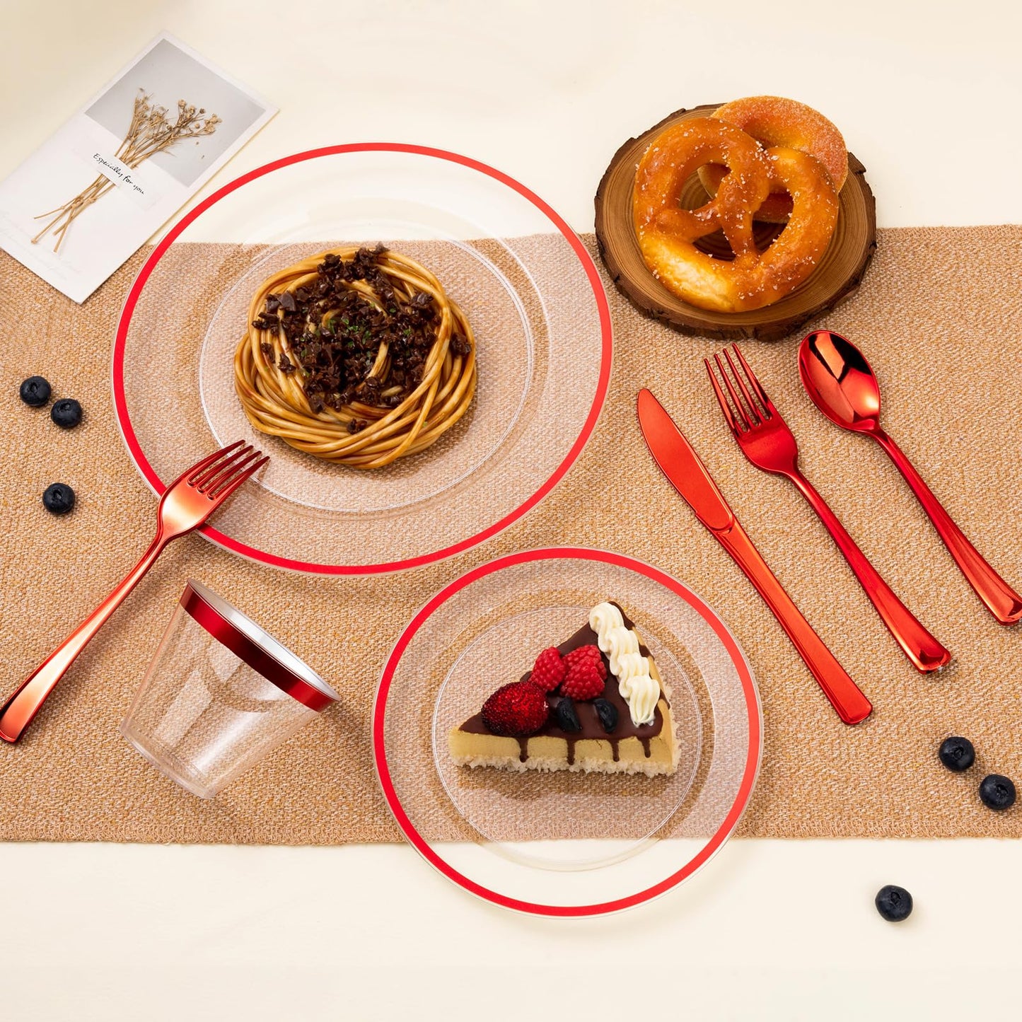 Goodluck 200PCS Disposable Clear with Red Rim Plastic Plates for Party, Christmas, Valentine's Day