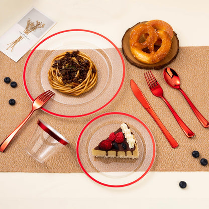 Goodluck 200PCS Disposable Clear with Red Rim Plastic Plates for Party, Christmas, Valentine's Day