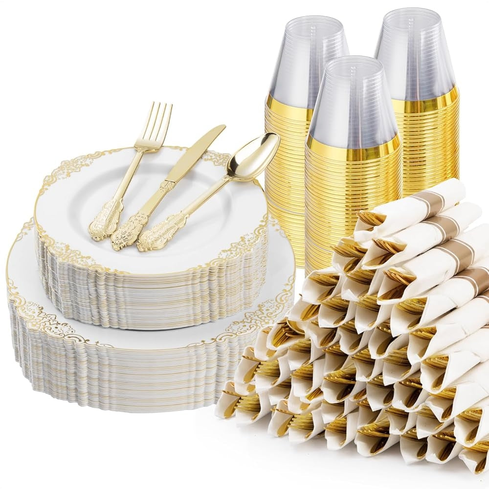 Goodluck Disposable Retro White with Gold Rim Plastic Dinnerware